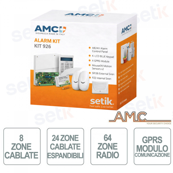 AMC burglar alarm kit - hybrid control unit 8/24 wired zones - 64 radios