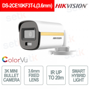 DS-2CE10KF3T-L 3.6mm 3K ColorVu Bullet IP67 with WDR 130dB and Smart Hybrid Light - Hikvision