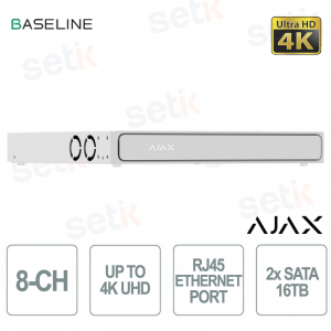 NVR H2DAC 8 Canali Bianco 4K HDMI con AI, H.265, 2 HDD fino 16TB, ONVIF e 160 Mbps per Videosorveglianza Professionale - Ajax