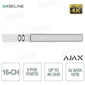 Ajax H2D8PAC 16-Channel 4K NVR with 8 PoE, AI, H.265, and 2 16TB HDDs, ONVIF, White for Professional IP Video Surveillance
