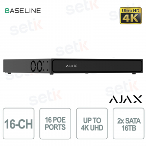 Ajax H2D16PAC 16-Channel 4K NVR with 8 PoE, AI, H.265, and 2 16TB HDDs, ONVIF, Black for Professional IP Video Surveillance