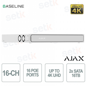 Ajax H2D16PAC 16-Channel 4K NVR with 8 PoE, AI, H.265, and 2 16TB HDDs, ONVIF, White for Professional IP Video Surveillance