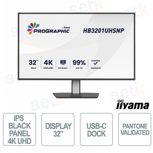 HB3201UHSNP-B1 32" 4K UHD IPS Black, 99% DCI-P3 Pantone Validated, USB-C Dock e KVM integrato - iiyama