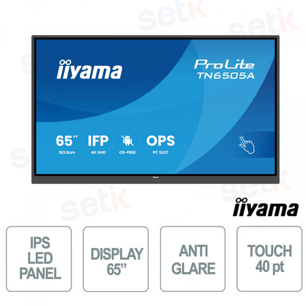 TN6505A-B1AG 65" 4K UHD Touch, OS-Free, 40 Touch Points, IPS 500 cd/m², Plug & Play for Meetings and Training - iiyama