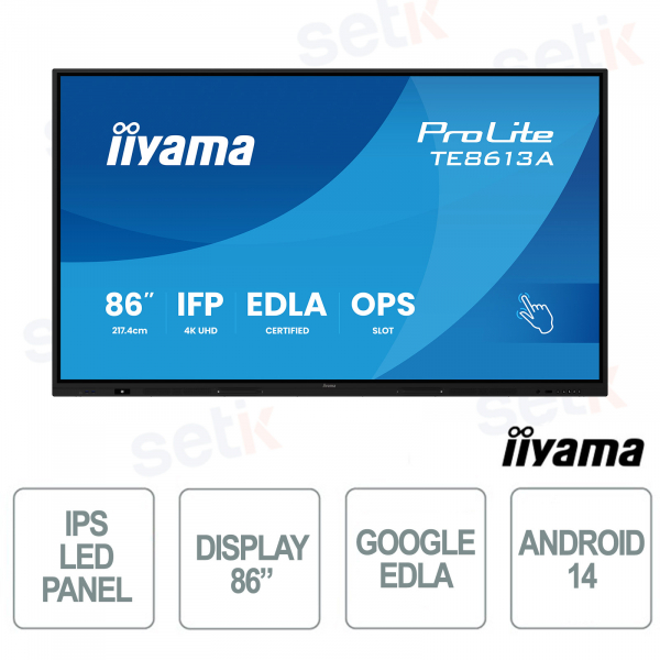 TE8613A-B2AG 86" 4K UHD, Google EDLA, Android 14, 40-point Touch, WiFi-6E for School and Business - iiyama