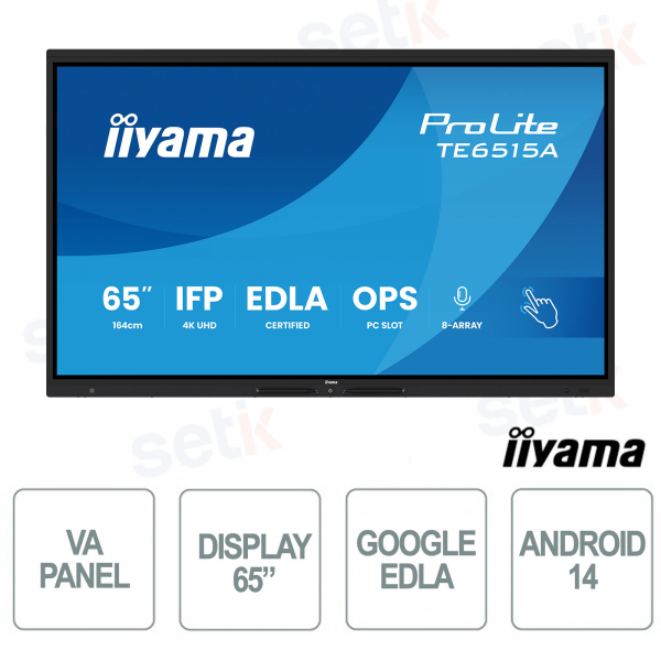 TE6515A-B2AG Téléviseur 65" 4K UHD, Google EDLA, Android 14, tactile 40 points, Wi-Fi 6E pour l'école et le travail - iiyama