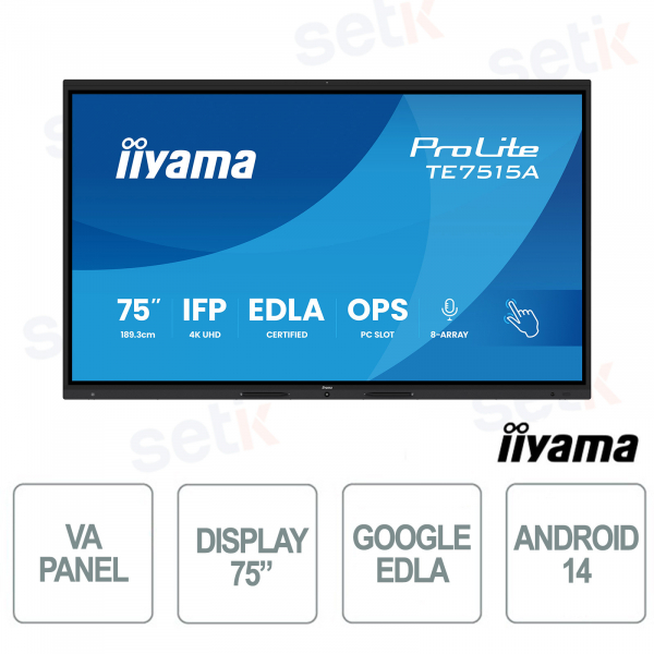 TE7515A-B2AG 75" 4K UHD, Google EDLA, Android 14, 40-point Touch, WiFi-6E for School and Business - iiyama