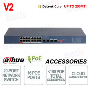 Switch PoE Gigabit 20 ports 190 W géré dans le cloud avec SFP, VLAN et STP 250 m - Dahua