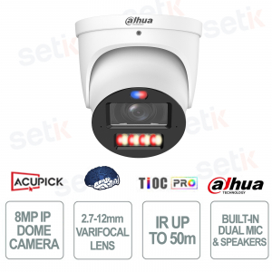 Caméra oculaire Dahua WizColor TiOC Pro AI 8MP avec objectif 2,7-12 mm, sirène et double éclairage intelligent, IP67