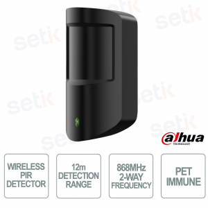 Rilevatore PIR Wireless Nero 868MHz con Immunità Animali e Portata 1600m - Dahua