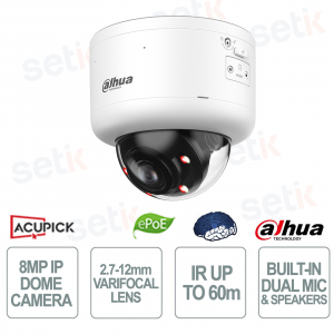 Telecamera 8MP WizColor AI Dome 2.7-12mm IR 60m IP67 IK10 Audio Allarme e Riscaldamento Integrato - Dahua