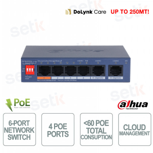 Dahua 6-Port Cloud PoE Switch with 4 PoE, Remote Management, 60W, and Gigabit Uplink