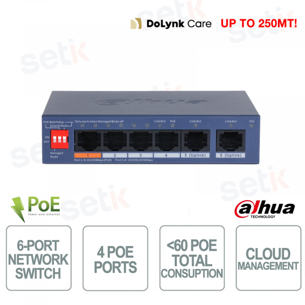 Switch Dahua Cloud PoE 6 ports avec 4 ports PoE, gestion à distance, 60 W et liaison montante Gigabit
