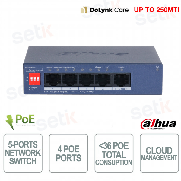 copy of Switch Dahua Cloud PoE 6 ports avec 4 ports PoE, gestion à distance, 60 W et liaison montante Gigabit