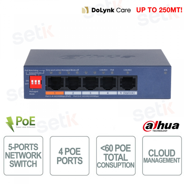 copy of Switch Dahua Cloud PoE 6 ports avec 4 ports PoE, gestion à distance, 60 W et liaison montante Gigabit