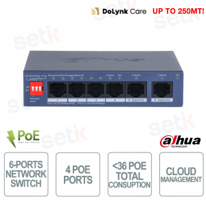 Switch PoE CS4006-4ET2GT-36 6 ports, gestion cloud, 4 ports PoE 36 W, Gigabit VLAN, surveillance 250 m - Dahua