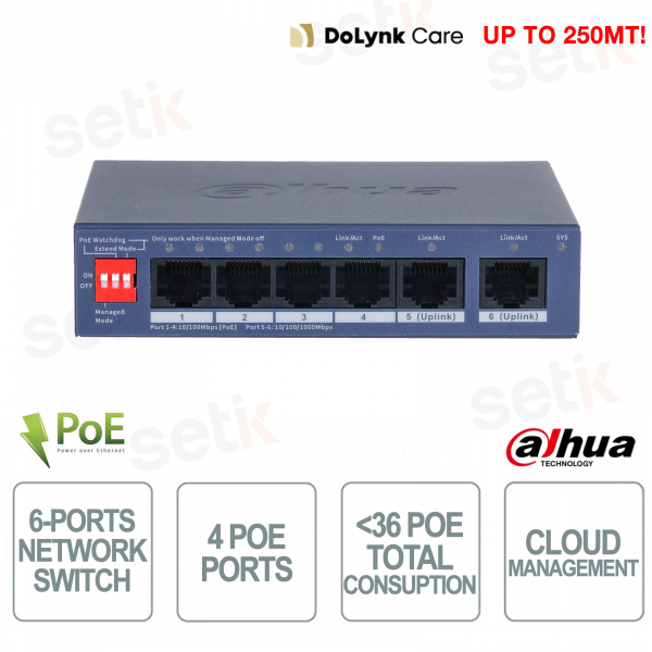 Switch PoE CS4006-4ET2GT-36 6 ports, gestion cloud, 4 ports PoE 36 W, Gigabit VLAN, surveillance 250 m - Dahua