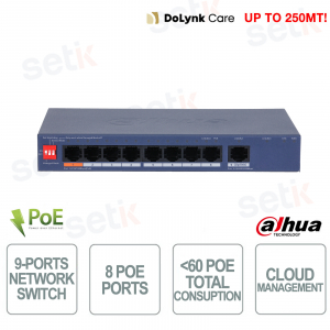 Switch PoE Dahua CS4009-8ET1GT-60 9 Porte Cloud 8 PoE 60W Hi-PoE Gigabit VLAN 250m Watchdog - Dahua