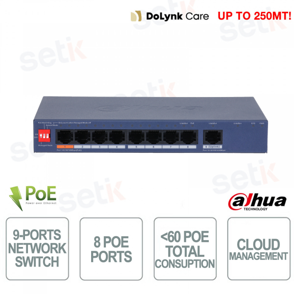 Switch PoE Dahua CS4009-8ET1GT-60 : 9 ports Cloud, 8 ports PoE 60 W Hi-PoE, VLAN Gigabit, Watchdog 250 m – Dahua