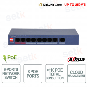 Switch PoE CS4009-8ET1GT-110 9 ports, 8 ports PoE, 110 W, Bluetooth 90 W, Cloud Gigabit, VLAN, Watchdog 250 m - Dahua