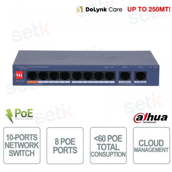 Switch PoE CS4010-8ET2GT-60 10 ports Cloud 8 PoE 60 W Hi-PoE Gigabit VLAN 250 m Watchdog - Dahua