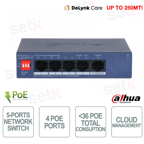 copy of Switch Dahua Cloud PoE 6 ports avec 4 ports PoE, gestion à distance, 60 W et liaison montante Gigabit