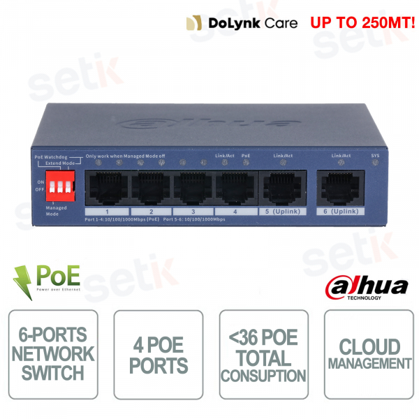 Switch PoE CS4006-4GT-36 : 6 ports Gigabit, 4 ports PoE 36 W, Cloud VLAN Watchdog, portée de 250 m - Dahua