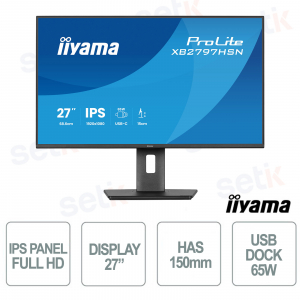 iiyama ProLite XB2797HSN-B1 27" Full HD IPS USB-C Dock 65W Monitor with RJ45 LAN and Adjustable Ergonomic Stand