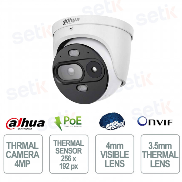 Telecamera Termica 4MP AI con Ottica 3,5mm/4mm, Rilevazione Incendi, PoE e IP67 - Dahua