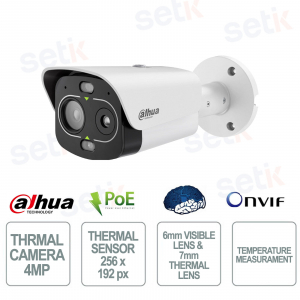 4MP Thermal Camera with Temperature Measurement, AI, 7mm/6mm Lens, PoE IP67 IK10 - Dahua