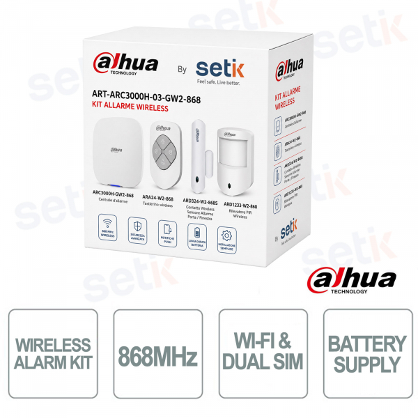 Kit d'alarme sans fil Dahua ART-ARC3000H-03-GW2-868 avec détecteur de mouvement PIR, contact magnétique et télécommande 868 MHz