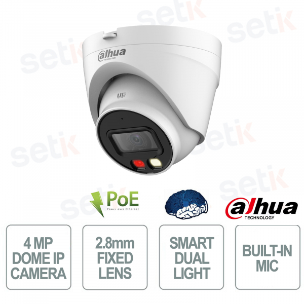 Telecamera IP Dome 4MP 2.8mm Smart Dual Light PoE IP67 con Microfono, WDR 120dB e SMD Plus - Dahua