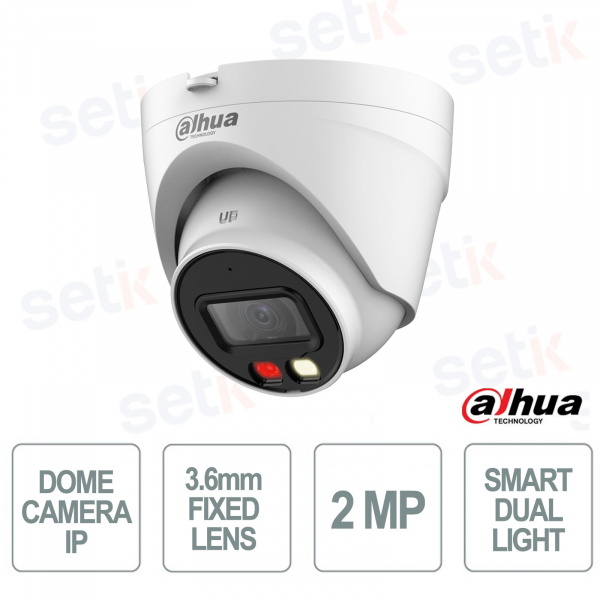 Telecamera IP Dome 2MP 3.6 mm Smart Dual Light PoE Human Detection IP67 con Microfono - Dahua