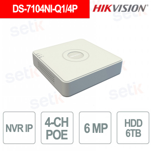 DS-7104NI-Q1/4P NVR 4 Channels PoE IP up to 6MP H.265+ HDD 6TB Hik-Connect - Hikvision