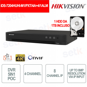 iDS-7204HUHI-M1/PXT/4A+4/1ALM - AcuSense 4CH DVR with Built-in Alarms + 1 TB HDD Included - Hikvision