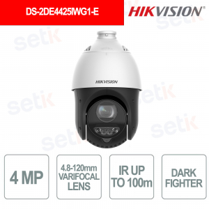 DS-2DE4425IWG1-E Caméra dôme motorisée PTZ 4MP 4,8-120 mm Zoom 25x AcuSense DarkFighter IR Portée 100 m PoE - Hikvision