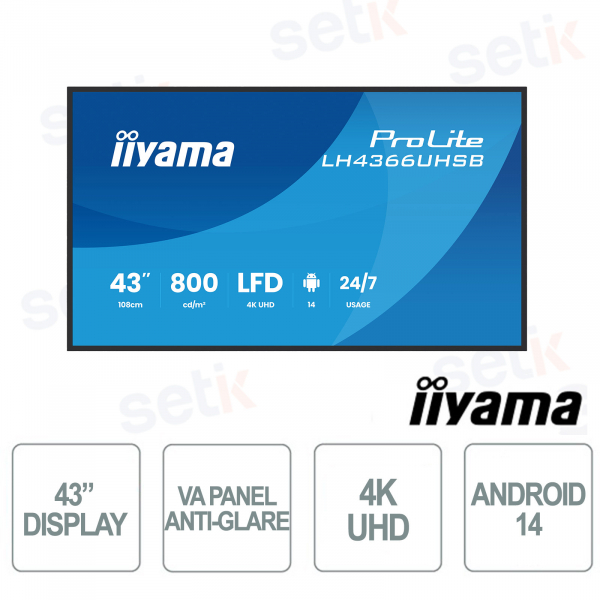 iiyama ProLite LH4366UHSB-B1AG Digital Signage Display 43" 4K UHD 800 cd/m² Android 14 WiFi 24/7