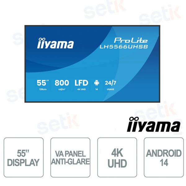 iiyama ProLite LH5566UHSB-B1AG Digital Signage Display 55" 4K UHD 800 cd/m² Android 14 WiFi 24/7