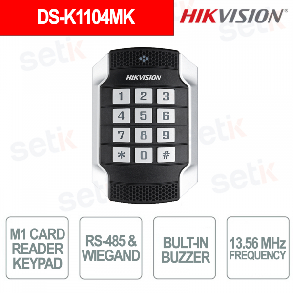 DS-K1104MK Lettore Carte M1 13,56 MHz con Tastiera 12 Tasti RS-485 Wiegand IK10 - Hikvision