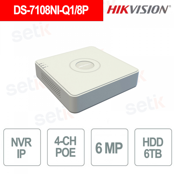 DS-7108NI-Q1/8P NVR 8 Canali IP PoE fino a 6MP H.265+ HDD 6TB Hik-Connect - Hikvision