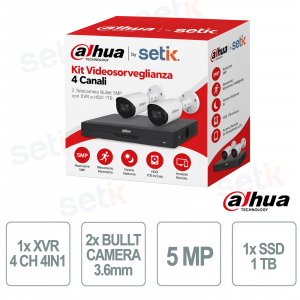 KIT-XVR4CHSSD(1T) Kit Videosorveglianza 5MP con XVR 4 Canali, SSD 1TB, 2 Telecamere Bullet e AI - Dahua