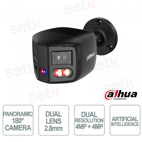 Caméra IP Bullet 8 MP 180° WizSense TiOC noire IPC-PFW3859S-A180-AS-PV-B avec IA, dissuasion active et PoE+ - Dahua