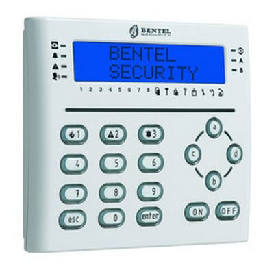 Tastiera Bentel modello T-WHITE per centrali serie absoluta. Display LCD a 2 righe blu per 16 caratteri.