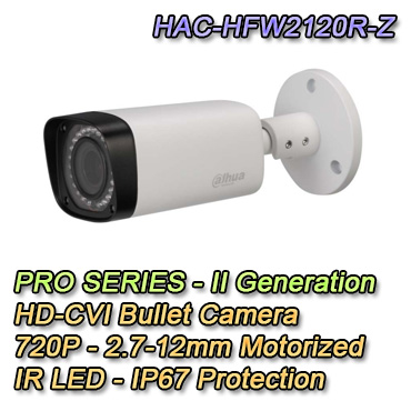 HDCVI Bullet Camera - HAC-HFW2120R-Z Bullet Camera with 720P resolutiona and 2.7-12mm varifocal optics. IP67