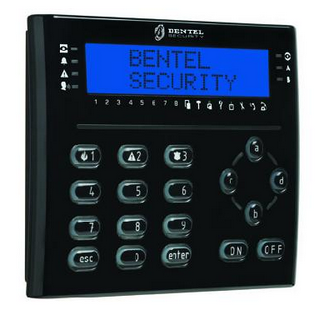 Tastiera Bentel modello T-BLACK per centrali serie absoluta. Display LCD a 2 righe blu per 16 caratteri.