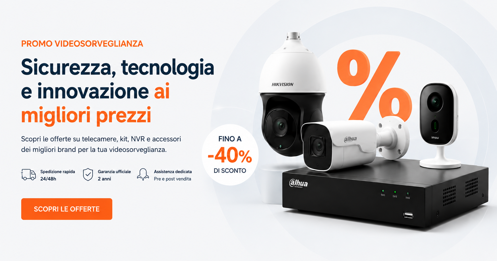 Promo videosorveglianza Setik con telecamere IP, NVR e offerte fino al 40% sui migliori brand Hikvision, Dahua e Imou