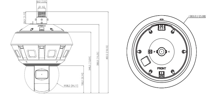 Dimensions - IPC-PDBW5831-B360-E4 Telecamera Multi-Sensor Dome motorizzata WizMind Dahua
