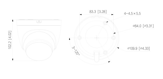 Schema dettagliato con le dimensioni della telecamera HAC-HDW1230T-Z-A-POC Dahua