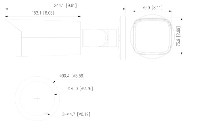 Détail de la caméra - HAC-HFW2501T-Z-A Schema dettagliato con le dimensioni della telecamera HAC-HFW2501T-Z-A Dahua