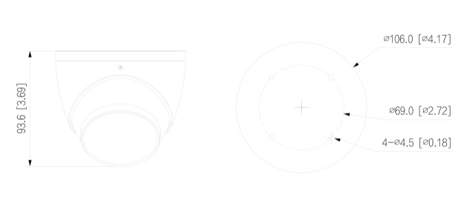 Detailed diagram with dimensions of the HAC-HDW2249T-A-LED Dahua camera
